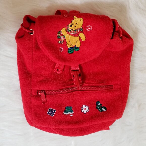 Y2K Cozy Day DISNEY STORE Winnie The Pooh Fleece Red Embroidered Backpack rvhtf - Picture 7 of 13